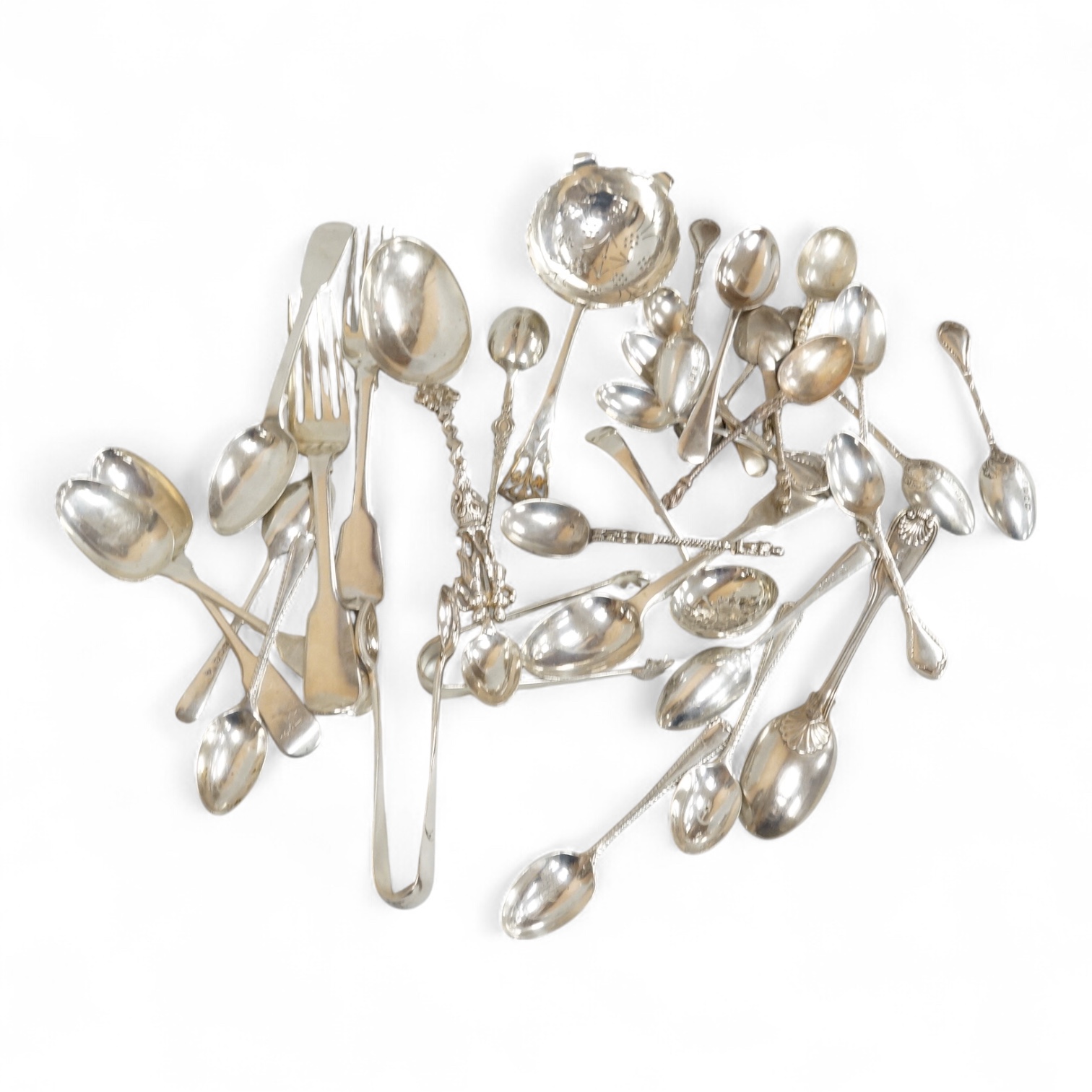 A small group of assorted mainly 20th century silver flatware, including teaspoons, replica spoons, dessert forks, sifter spoon, tea strainer, condiment spoons, Dutch white metal spoons, etc, various dates and makers, 17